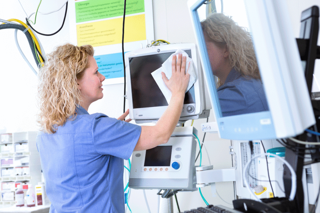 healthcare cleaner cleaning screen with recycled microfibre wipe