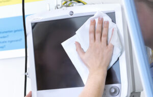 healthcare cleaner, cleaning monitor with recycled microfibre wipe